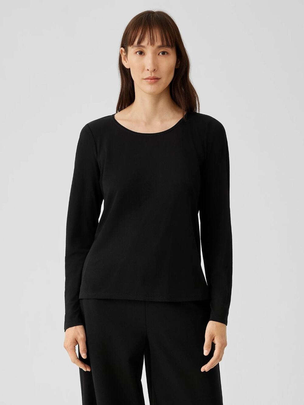 Eileen Fisher Silk Black Jersey Scoop Neck Long Sleeve Top Large